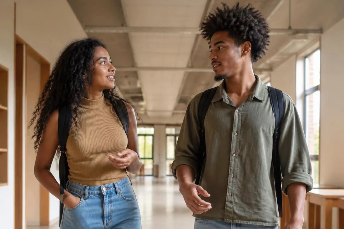 Dois estudantes de mochila continuam a discussão no corredor depois da sessão