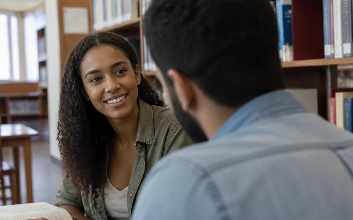 Três pessoas sentadas a uma mesa comprida, no meio de uma conversa numa sala de janelas altas