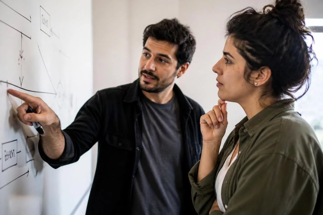 Facilitadora aponta para um mapa de argumento desenhado no quadro branco enquanto um participante acompanha